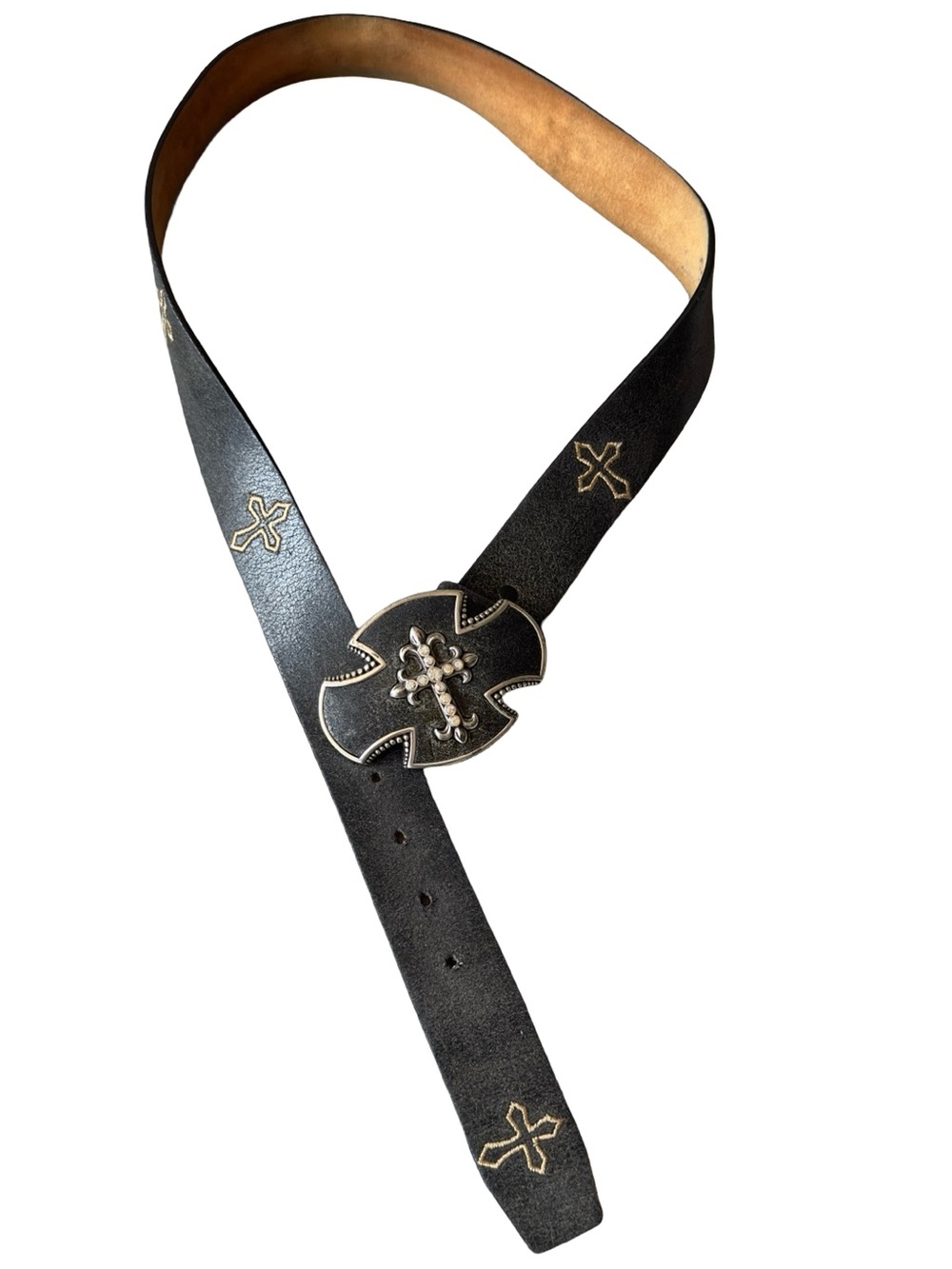 Justin Boots Bent Rail Crystal Cross Black Leather Belt Women's Size 36 C20803